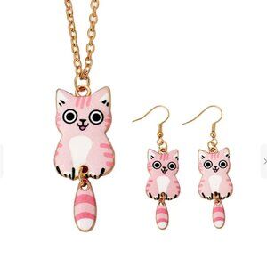 Pink Enamel Tabby Cat Pendant Necklace & Earrings Set Gold Tone